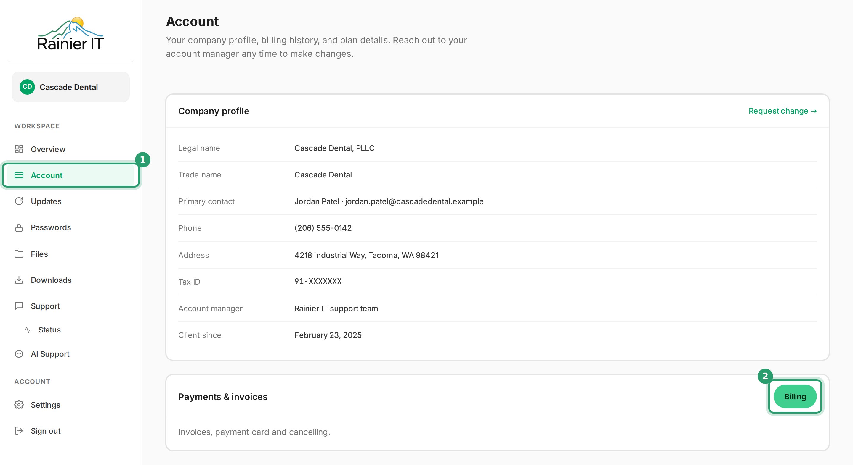The Account page with Account in the menu marked 1 and the Billing button marked 2