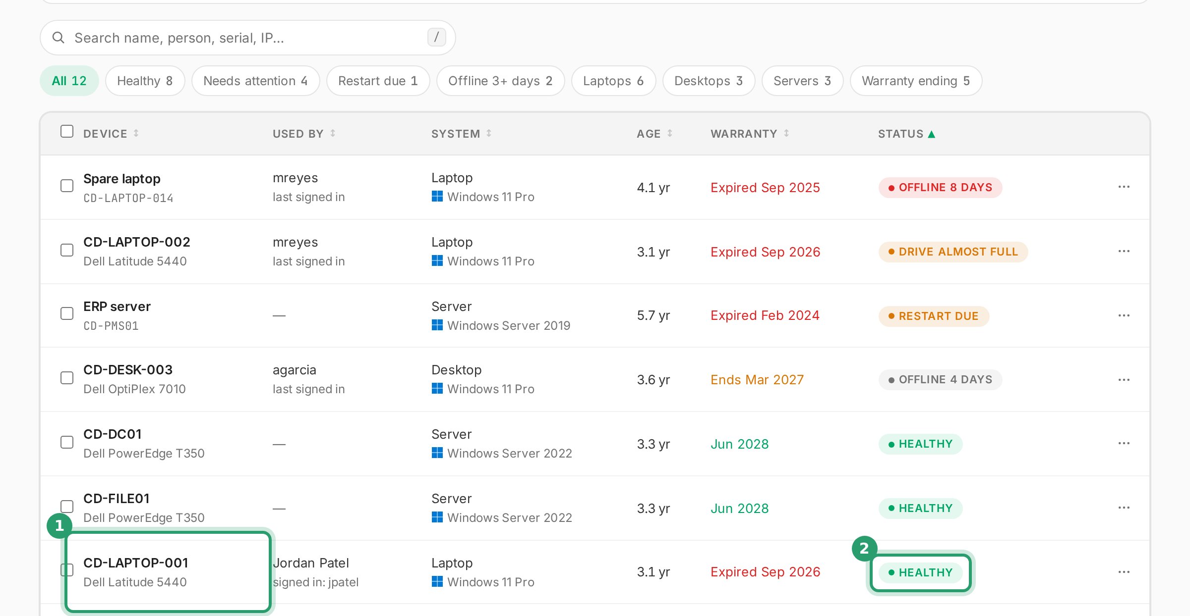Client Portal Devices list with a computer's name circled and numbered 1 and its status circled and numbered 2