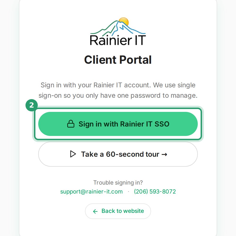 Client Portal sign-in page with the Sign in with Rainier IT SSO button marked 2
