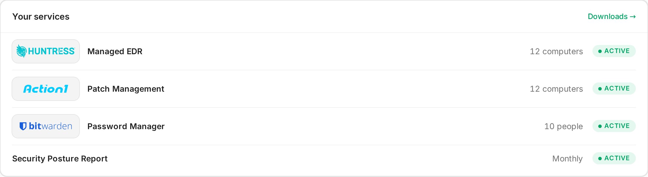 The Your services card in the Client Portal, listing each service with its quantity and status (sample data)